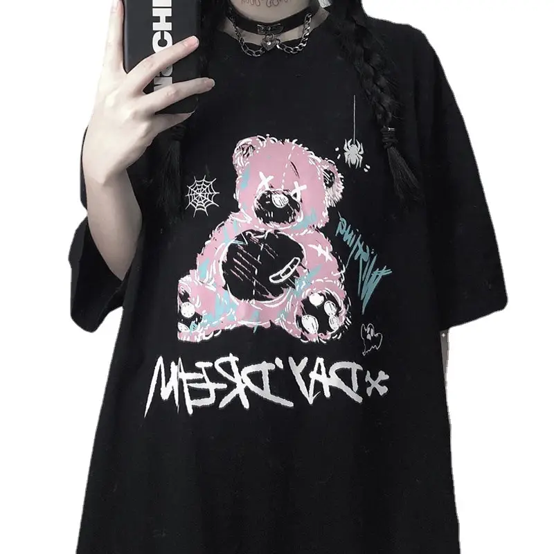 Women Black Cartoon Bear Printed T-Shirt Short Sleeve Summer - Image 5