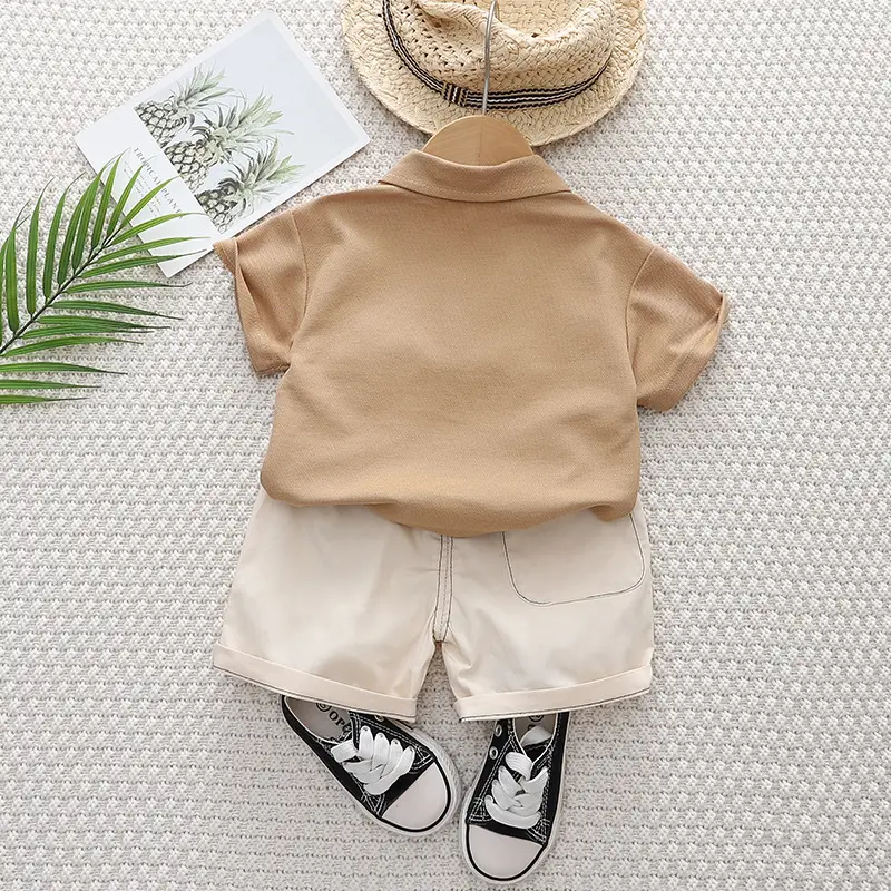 Retro Embroidered Kids Shorts Suit 2024 Summer Cotton Beige - Image 4