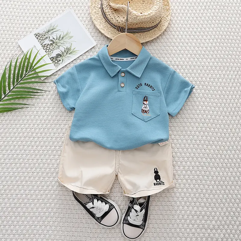 Retro Embroidered Kids Shorts Suit 2024 Summer Cotton Beige - Image 5