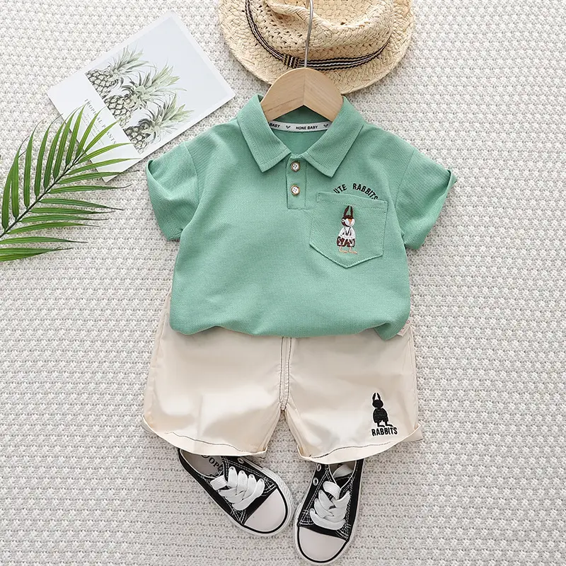 Retro Embroidered Kids Shorts Suit 2024 Summer Cotton Beige - Image 2