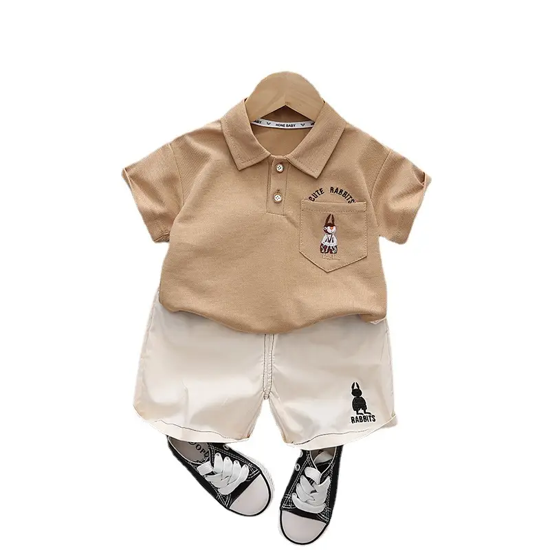 Retro Embroidered Kids Shorts Suit 2024 Summer Cotton Beige - Image 6