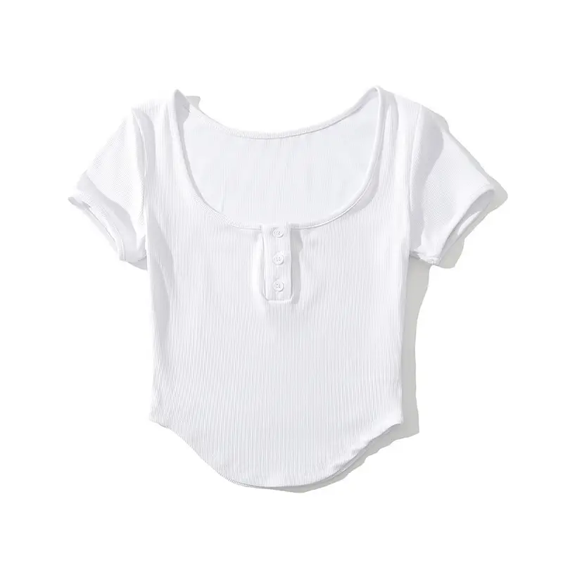 Women U-Neck Button T-Shirt Grey Large - Image 2
