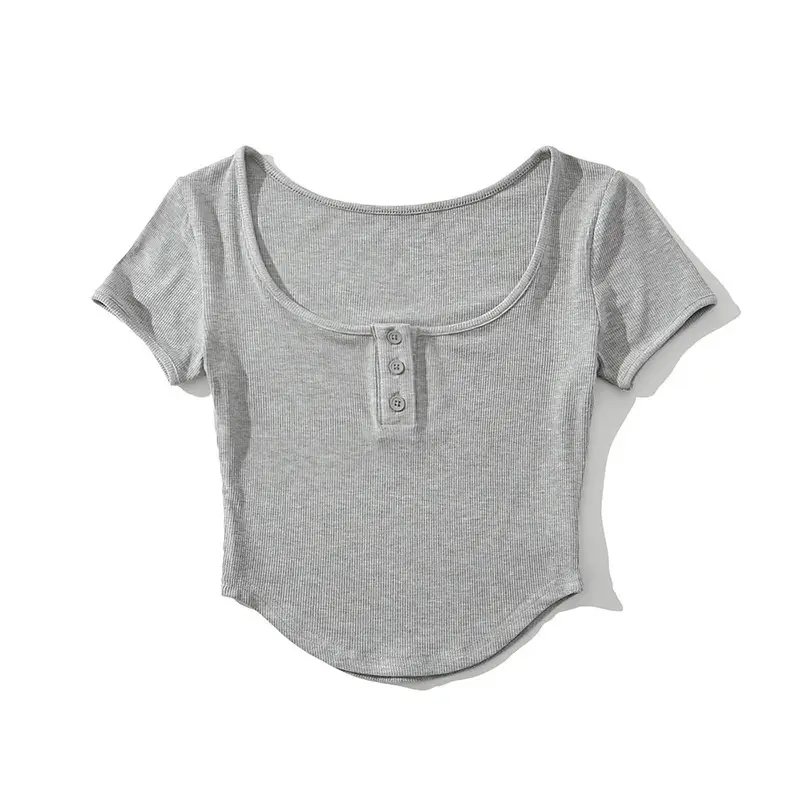 Women U-Neck Button T-Shirt Grey Large - Image 3