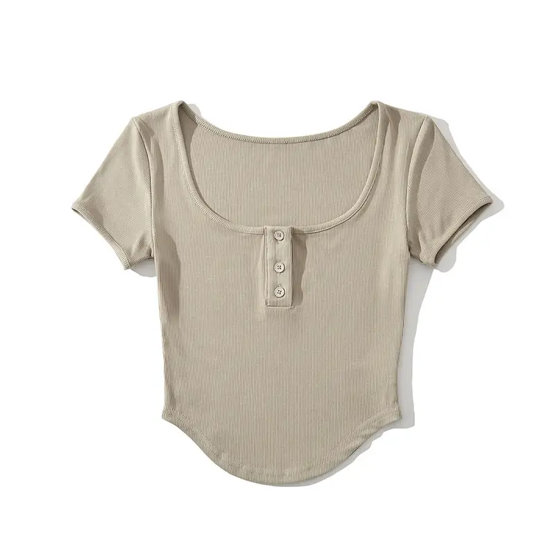 Women U-Neck Button T-Shirt Grey Large - Image 4