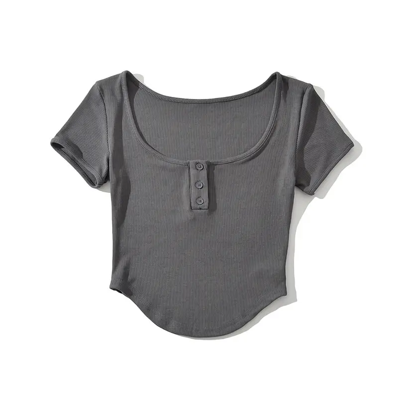 Women U-Neck Button T-Shirt Grey Large - Image 5