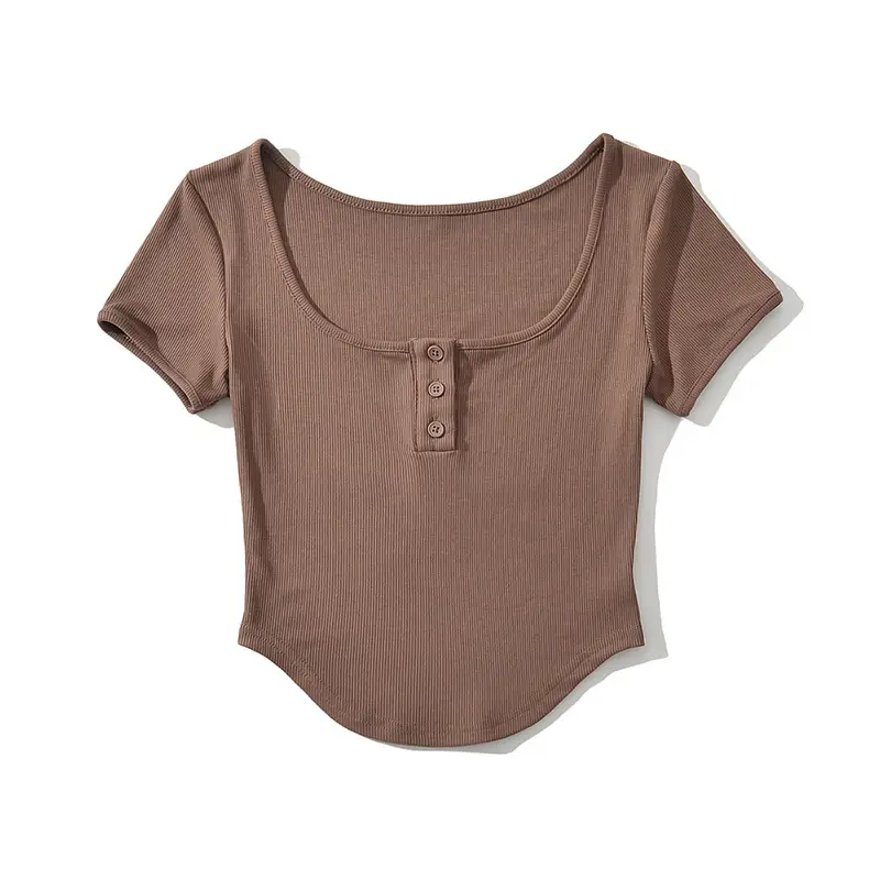 Women U-Neck Button T-Shirt Grey Large - Image 6