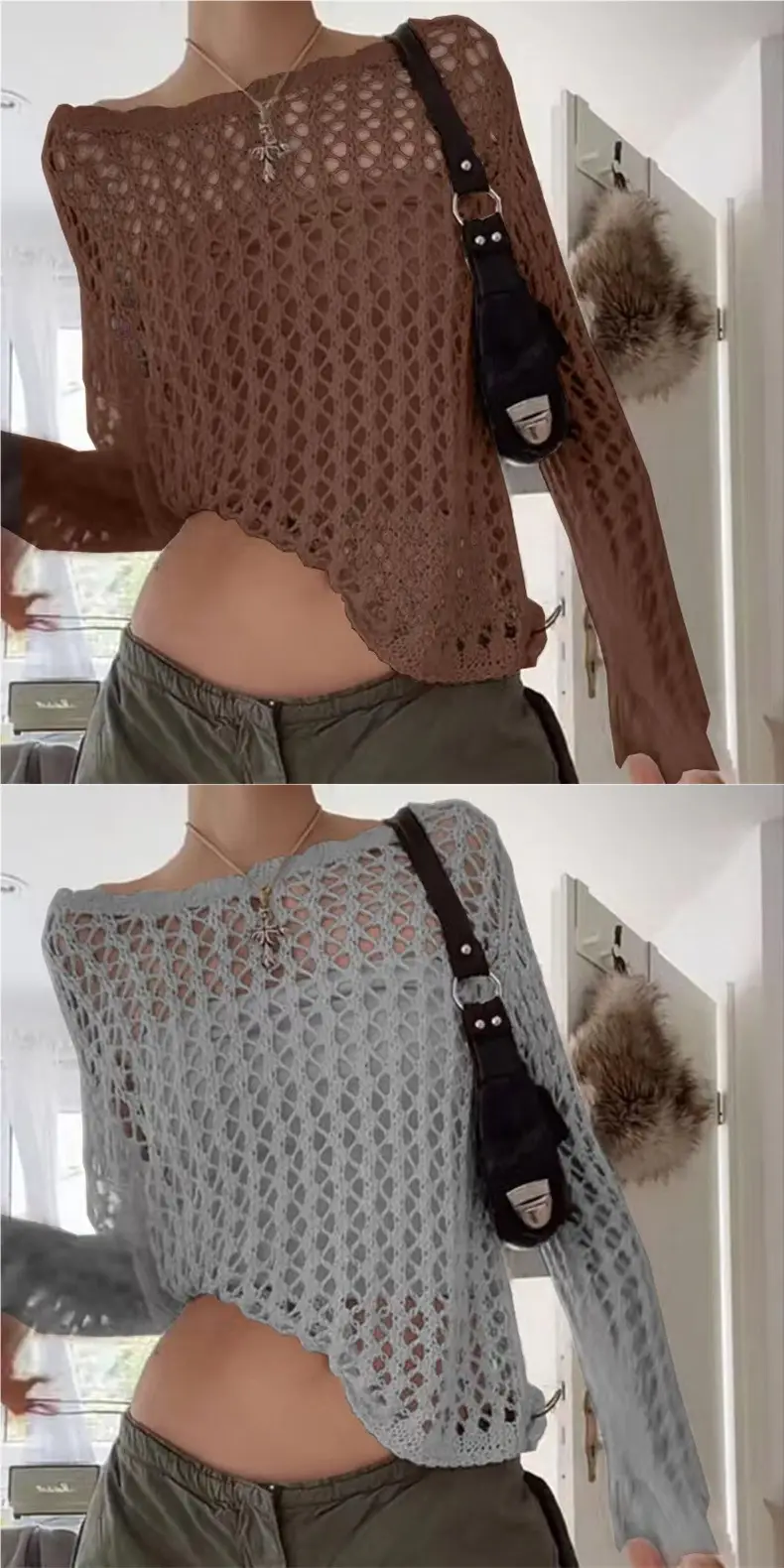 Women Hollow Out Large Round Neck Knit Cardigan 2024 — feature 1