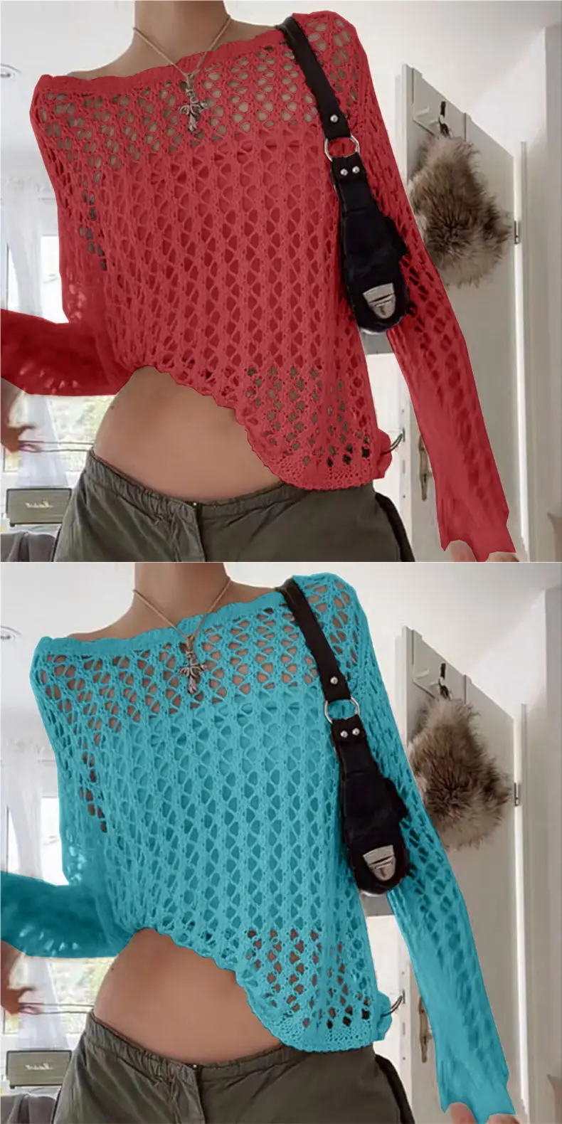 Women Hollow Out Large Round Neck Knit Cardigan 2024 — feature 6