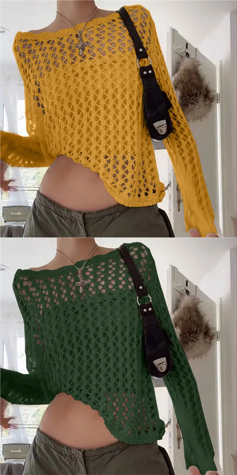 Women Hollow Out Large Round Neck Knit Cardigan 2024 — feature 8