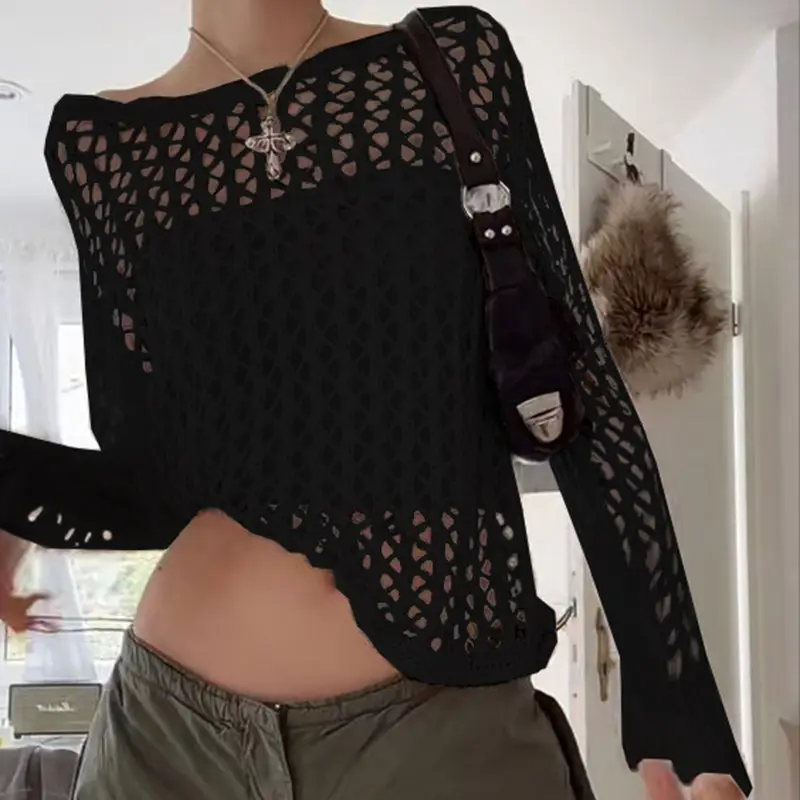 Women Hollow Out Large Round Neck Knit Cardigan 2024 - Image 2