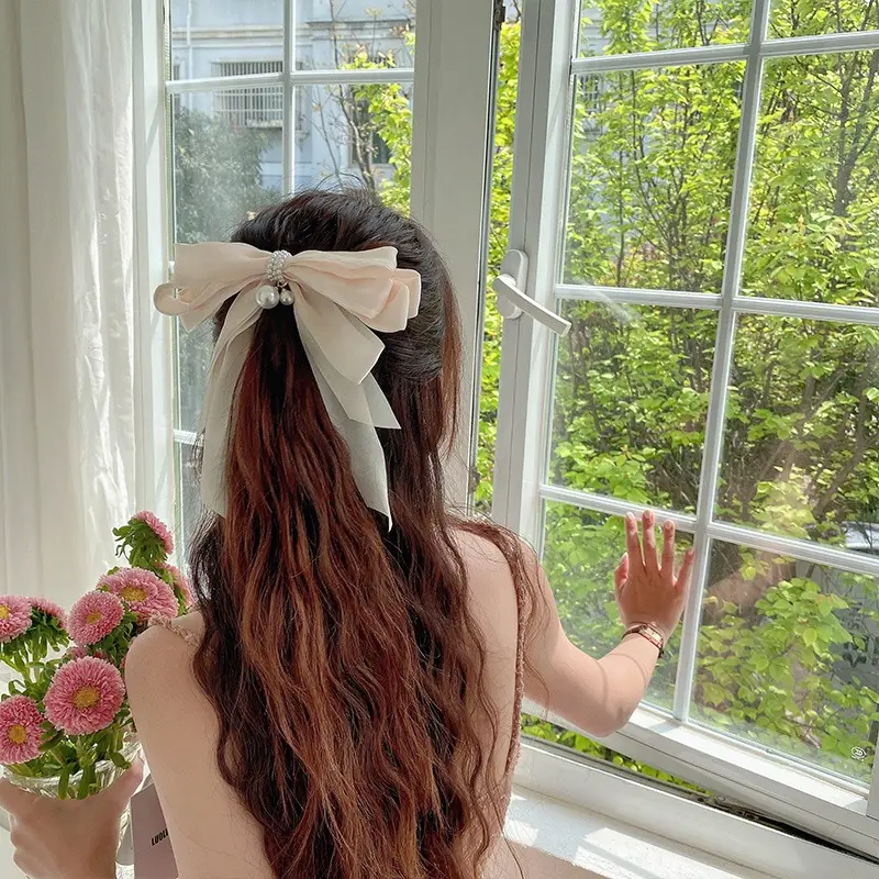 Fairy Bow Hairpins Black & Beige Pearl Trim - Image 6