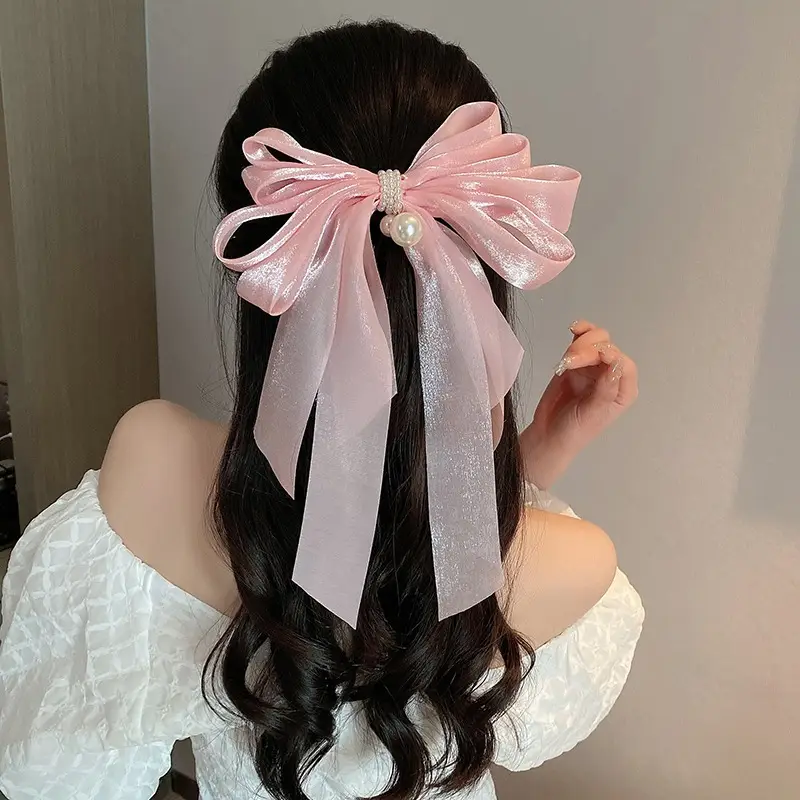 Fairy Bow Hairpins Black & Beige Pearl Trim - Image 7