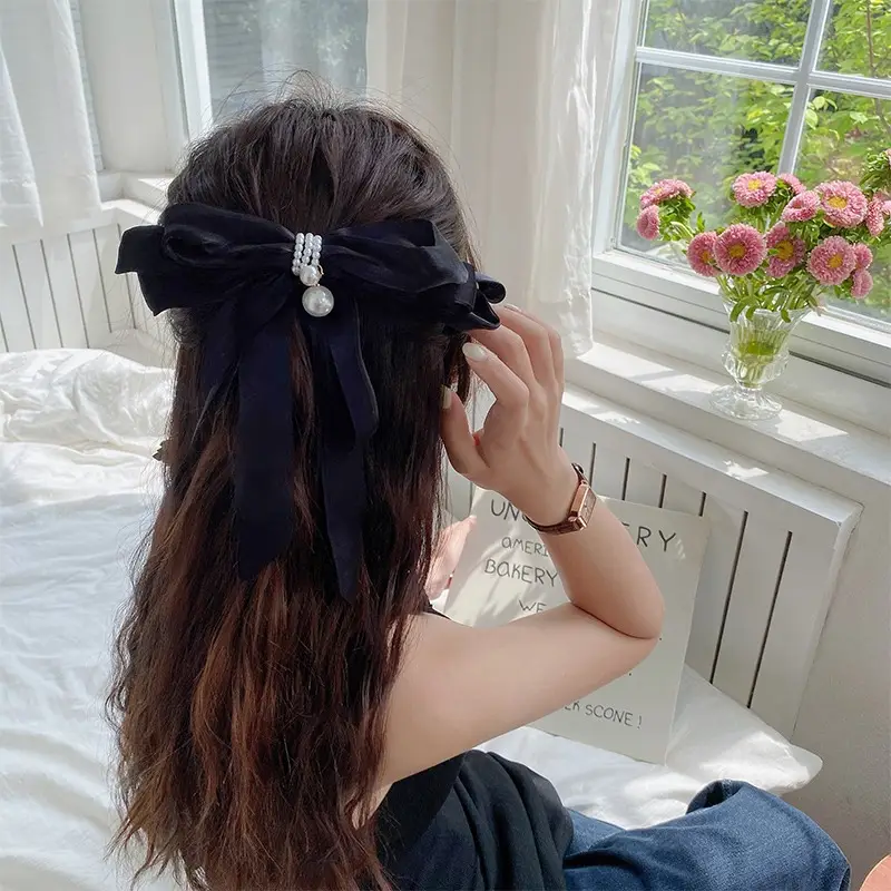 Fairy Bow Hairpins Black & Beige Pearl Trim - Image 8