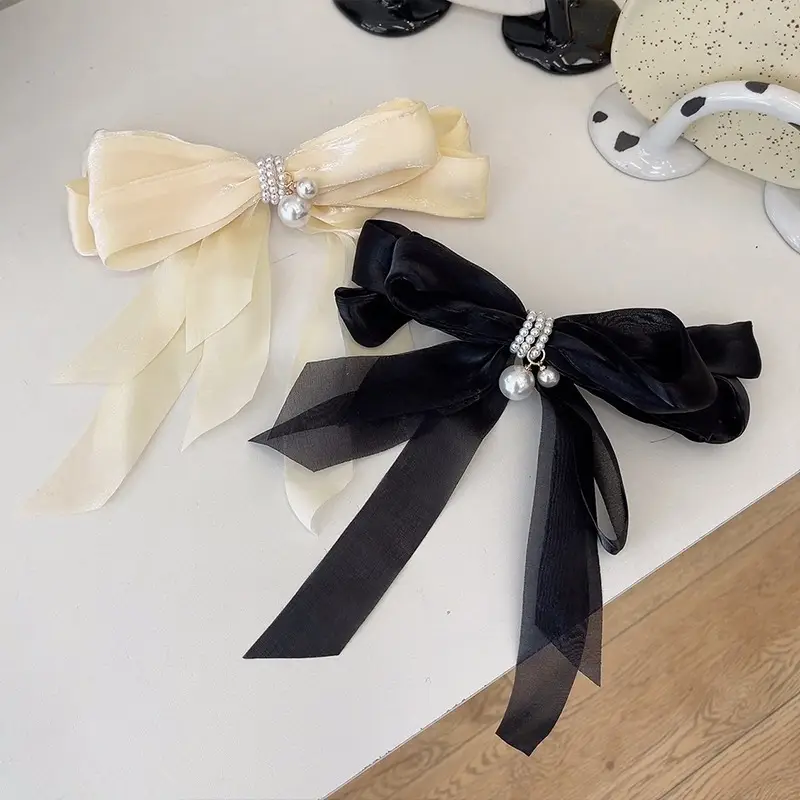 Fairy Bow Hairpins Black & Beige Pearl Trim - Image 9