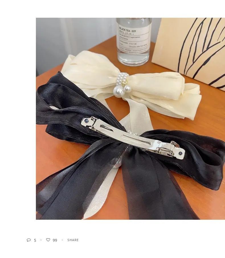 Fairy Bow Hairpins Black & Beige Pearl Trim — feature 10