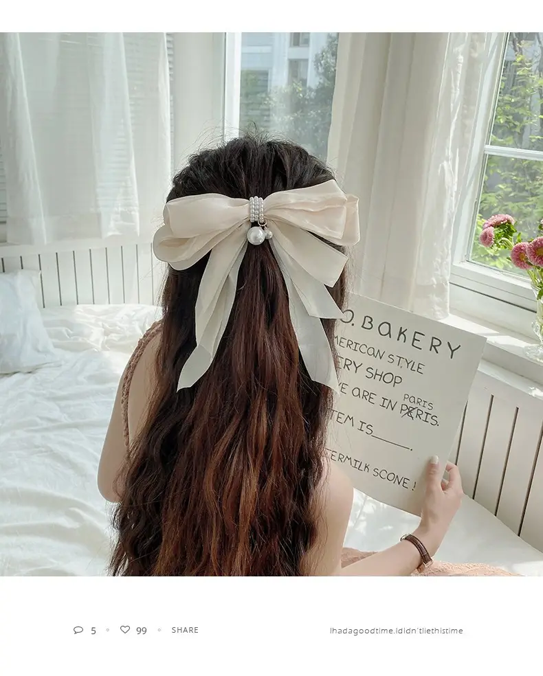 Fairy Bow Hairpins Black & Beige Pearl Trim — feature 11