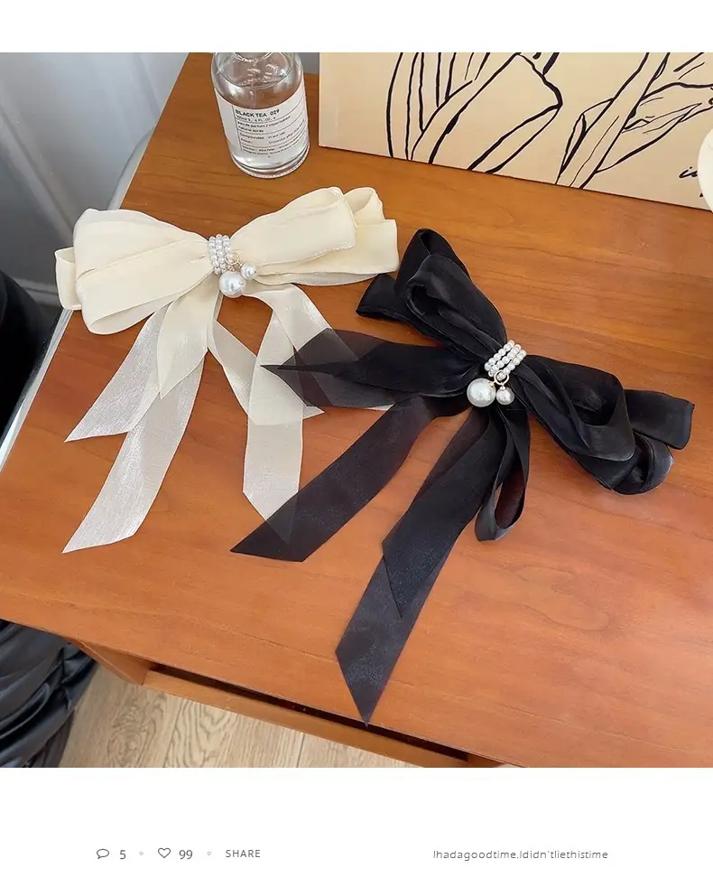 Fairy Bow Hairpins Black & Beige Pearl Trim — feature 13