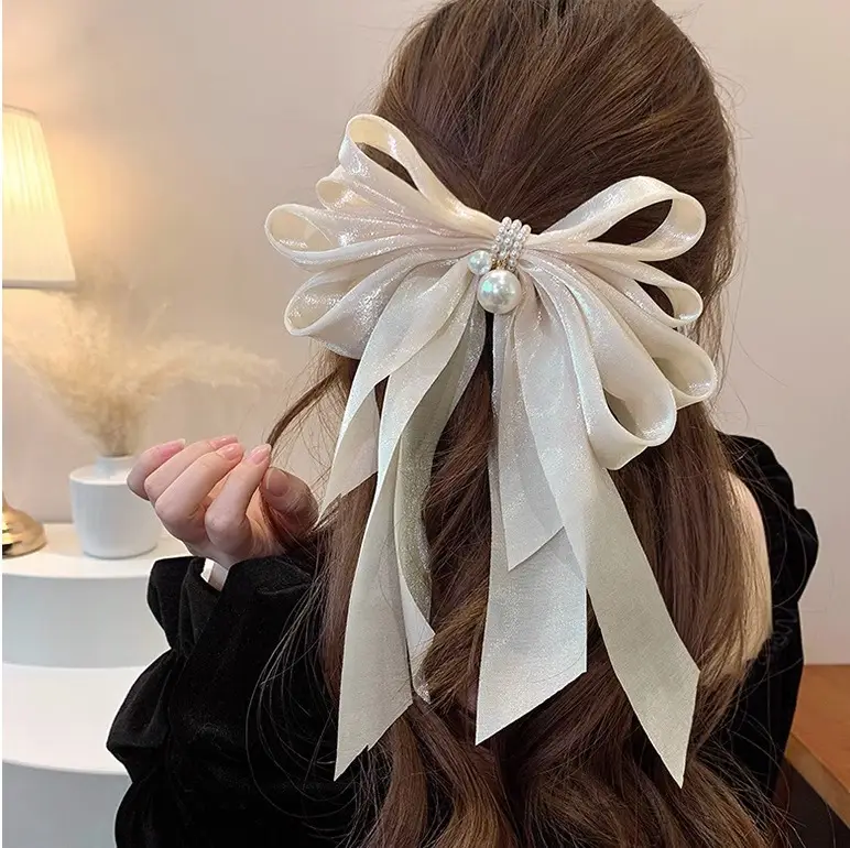 Fairy Bow Hairpins Black & Beige Pearl Trim — feature 25