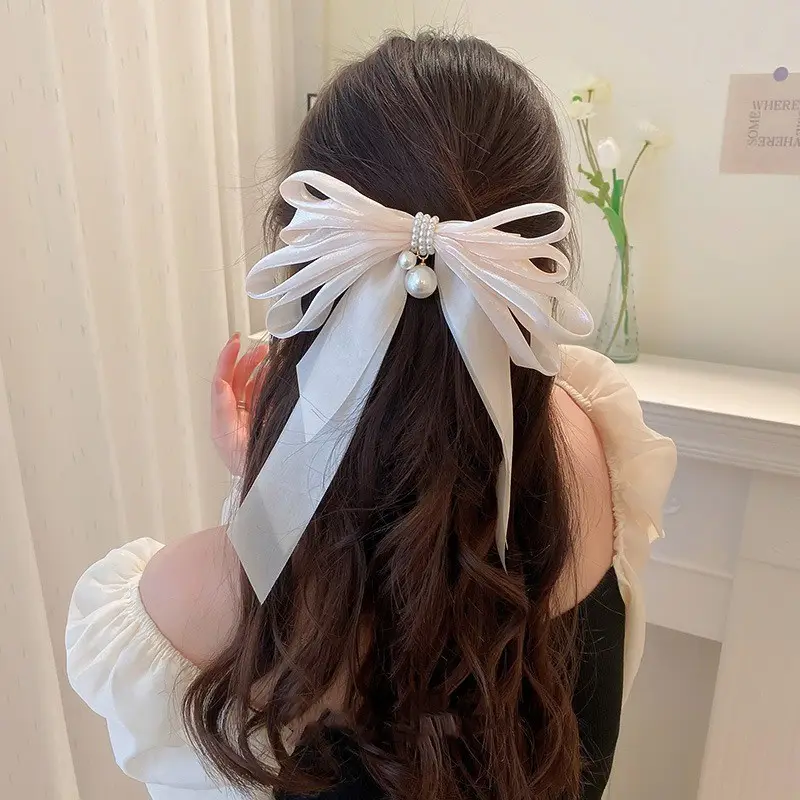 Fairy Bow Hairpins Black & Beige Pearl Trim — feature 27