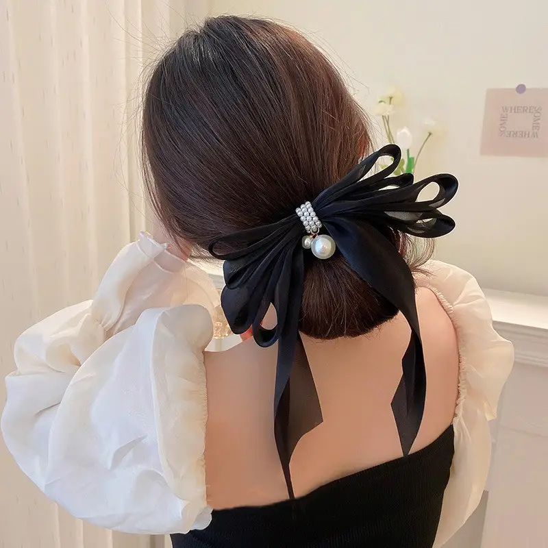 Fairy Bow Hairpins Black & Beige Pearl Trim — feature 28