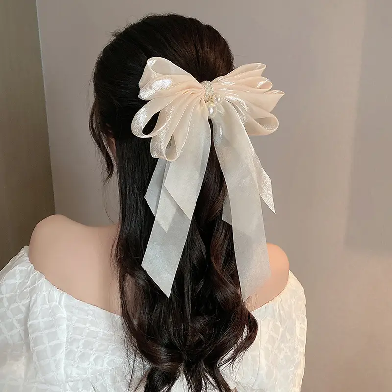 Fairy Bow Hairpins Black & Beige Pearl Trim — feature 29