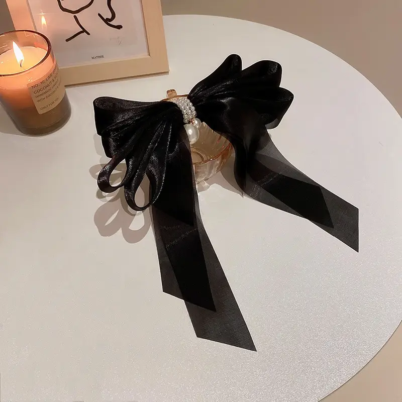 Fairy Bow Hairpins Black & Beige Pearl Trim — feature 31