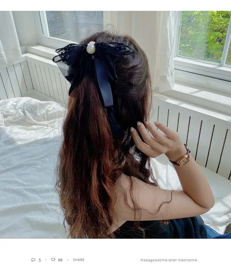 Fairy Bow Hairpins Black & Beige Pearl Trim — feature 7