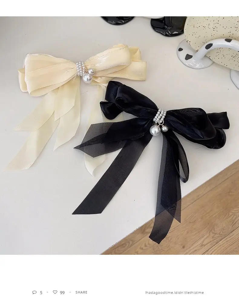 Fairy Bow Hairpins Black & Beige Pearl Trim — feature 9