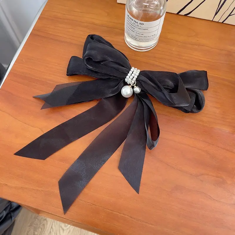 Fairy Bow Hairpins Black & Beige Pearl Trim - Image 3