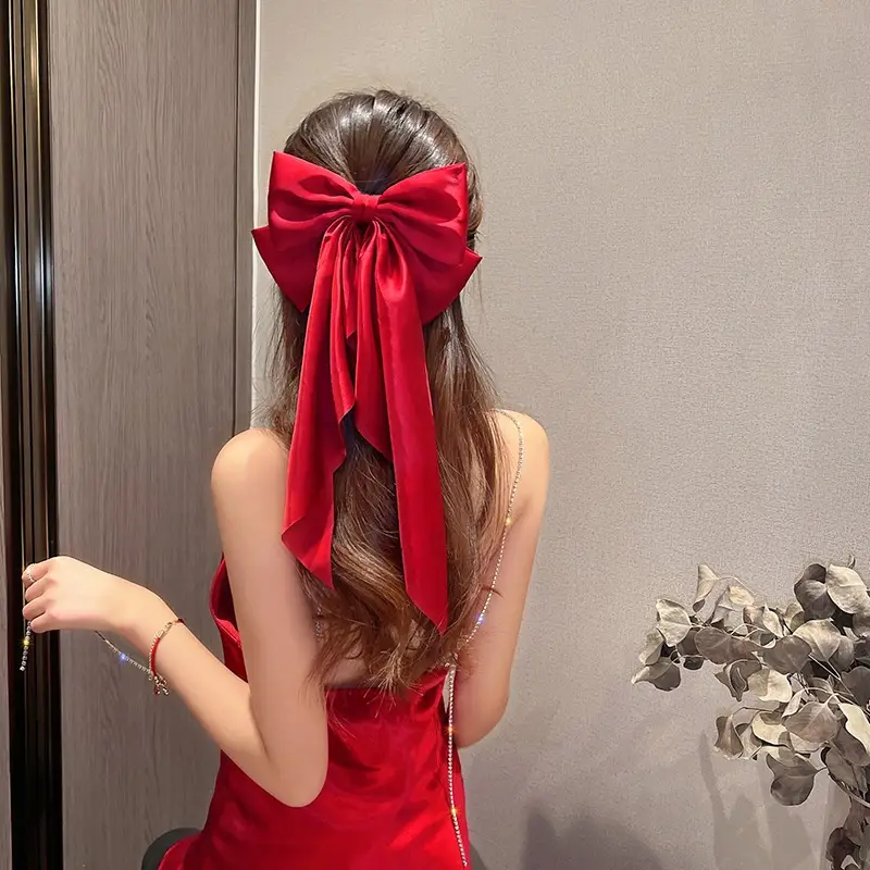 New Year Red Bow Hairpin for Women Satin Ribbon Clip — feature 11