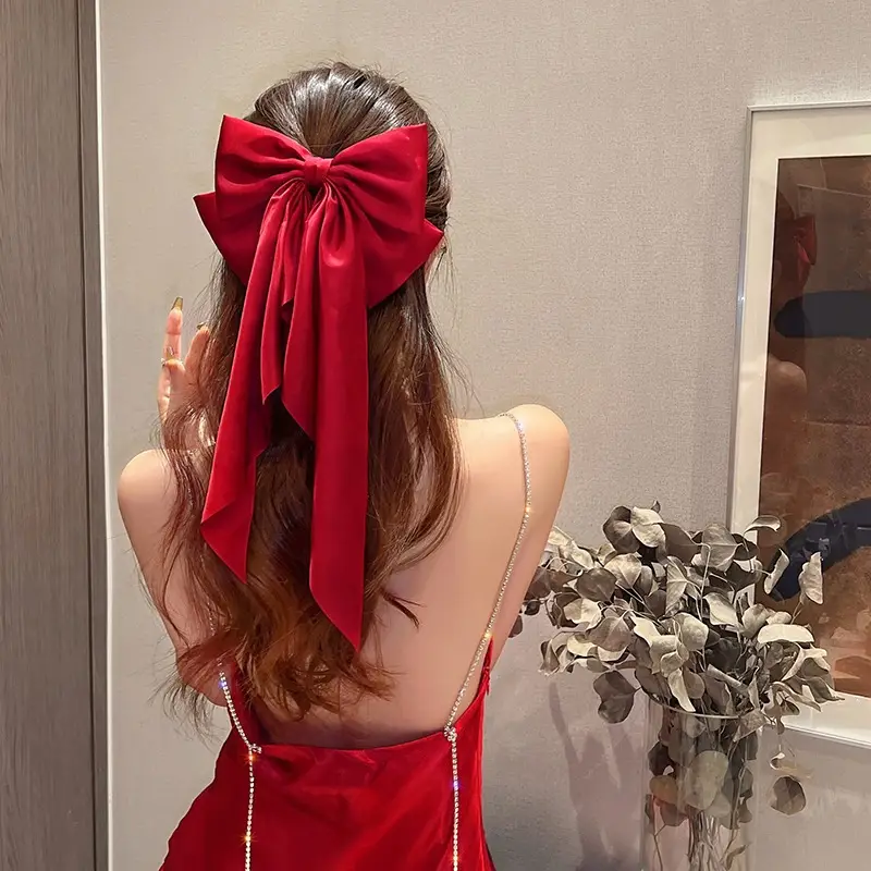New Year Red Bow Hairpin for Women Satin Ribbon Clip — feature 12