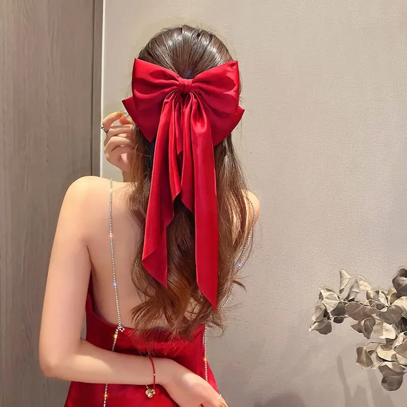 New Year Red Bow Hairpin for Women Satin Ribbon Clip — feature 13