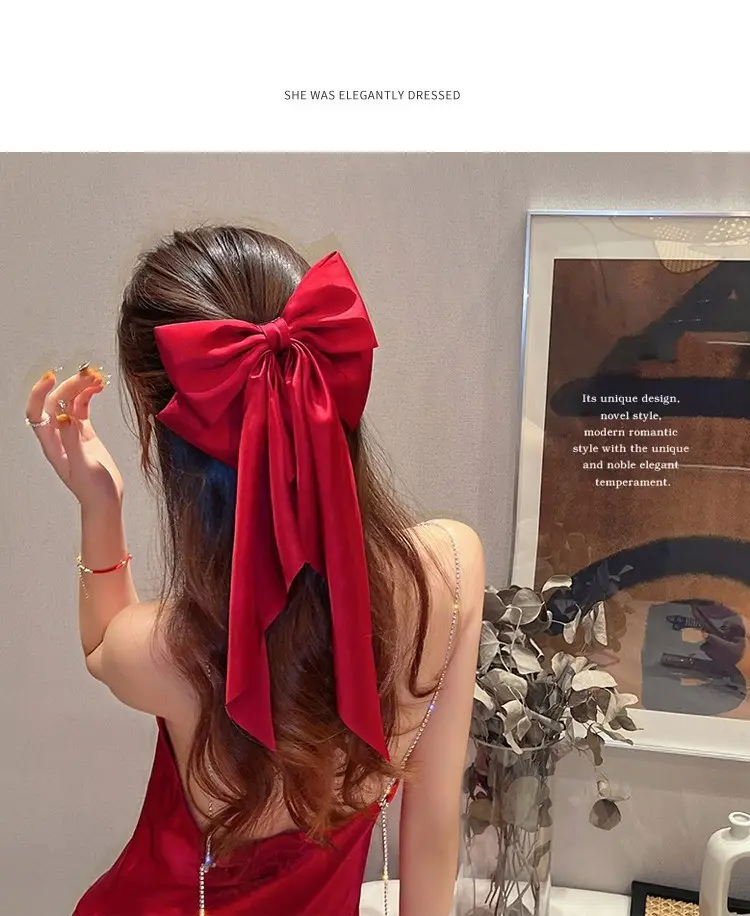 New Year Red Bow Hairpin for Women Satin Ribbon Clip — feature 3