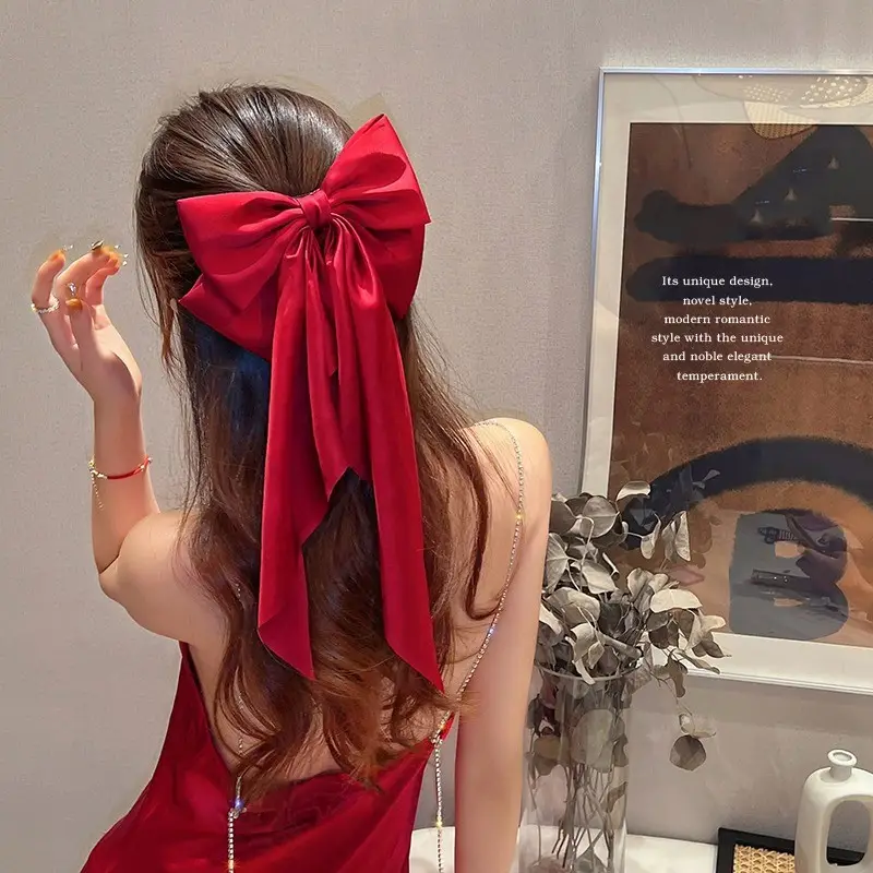 New Year Red Bow Hairpin for Women Satin Ribbon Clip — feature 6