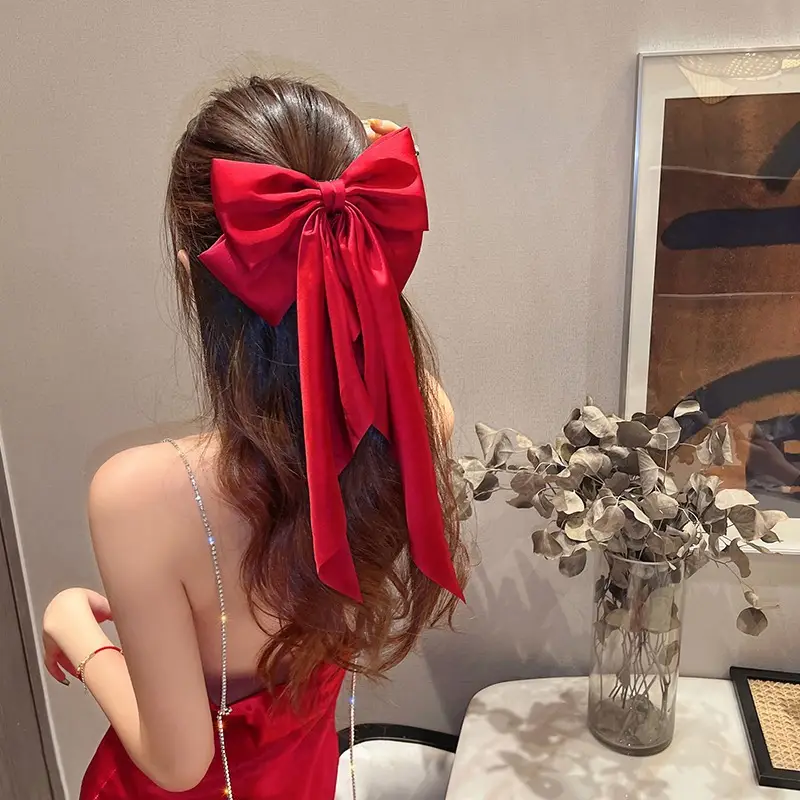 New Year Red Bow Hairpin for Women Satin Ribbon Clip — feature 9