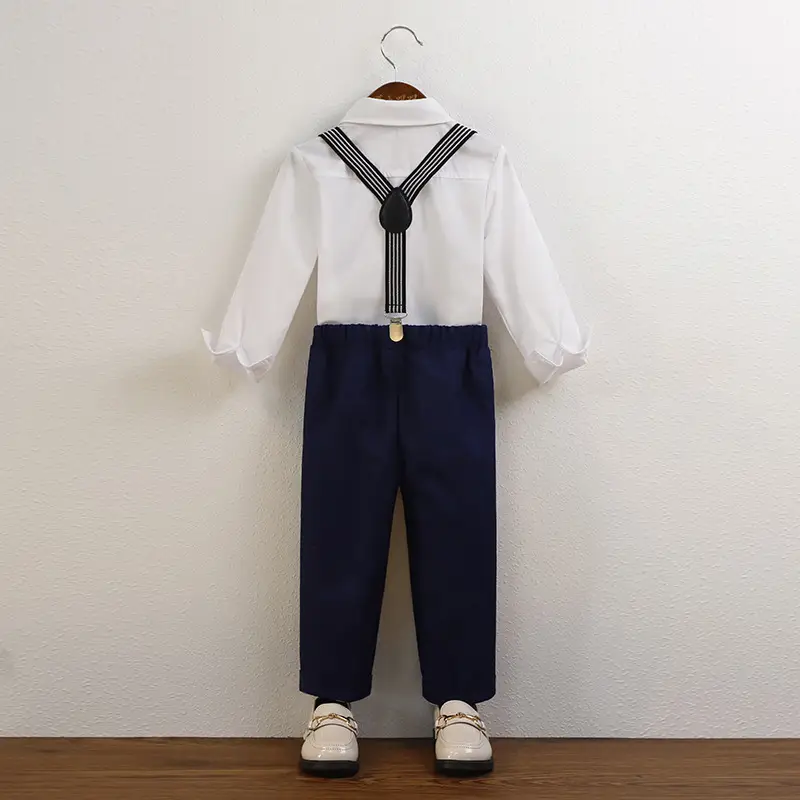 Boys' Navy Blue Suspender Pants Suit with Bow Tie - Image 11