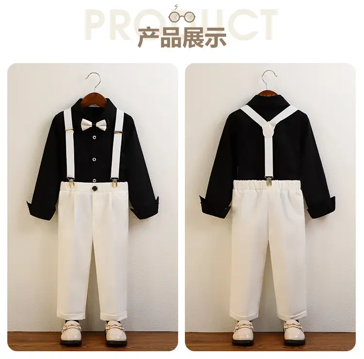 Boys' Navy Blue Suspender Pants Suit with Bow Tie — feature 12