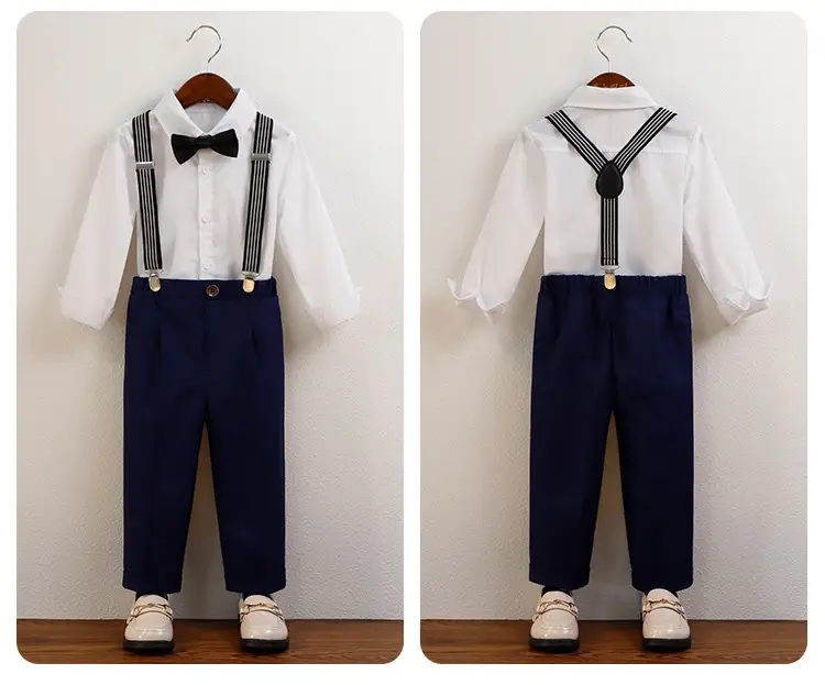 Boys' Navy Blue Suspender Pants Suit with Bow Tie — feature 15