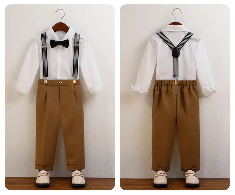 Boys' Navy Blue Suspender Pants Suit with Bow Tie — feature 17