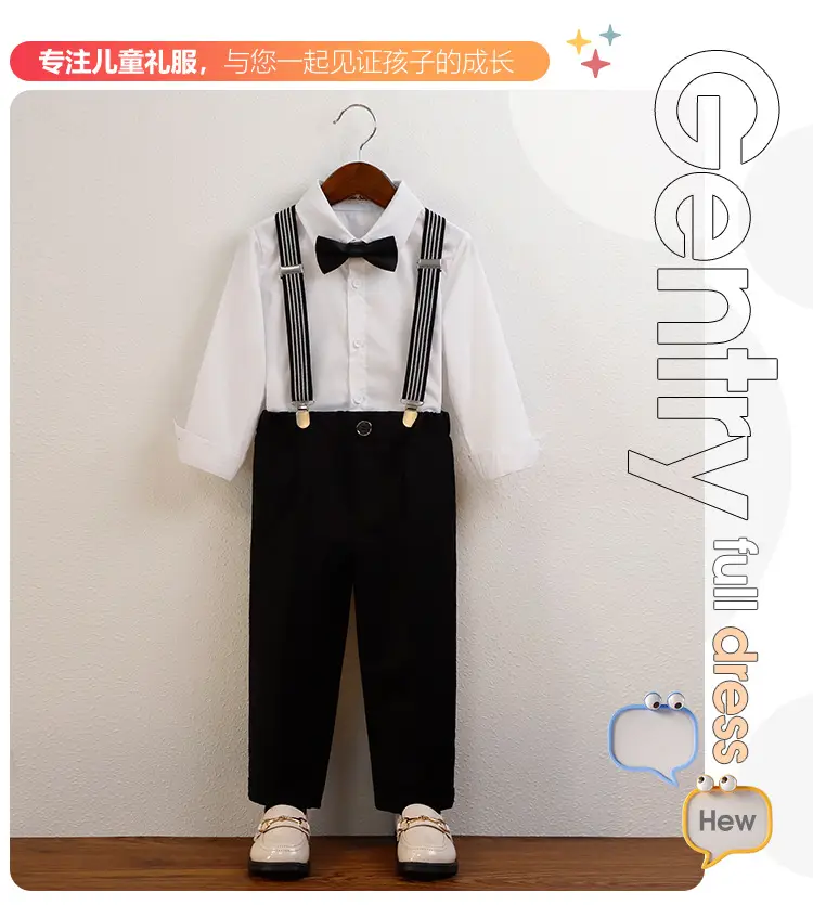 Boys' Navy Blue Suspender Pants Suit with Bow Tie — feature 2