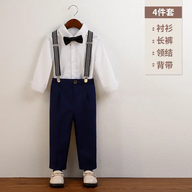 Boys' Navy Blue Suspender Pants Suit with Bow Tie - Image 2