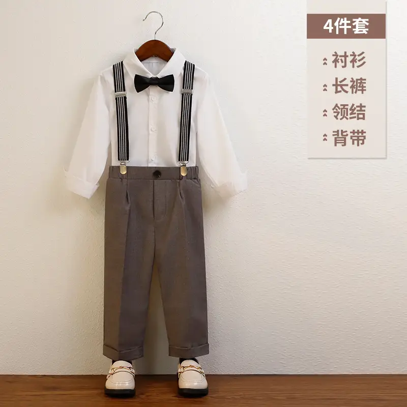 Boys' Navy Blue Suspender Pants Suit with Bow Tie - Image 3