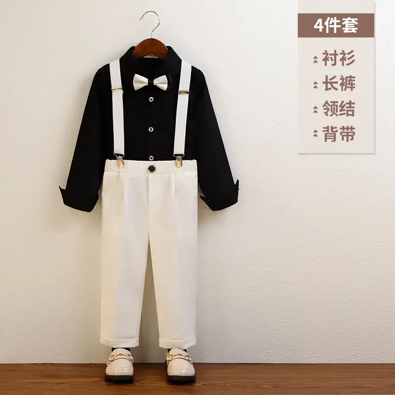 Boys' Navy Blue Suspender Pants Suit with Bow Tie - Image 4