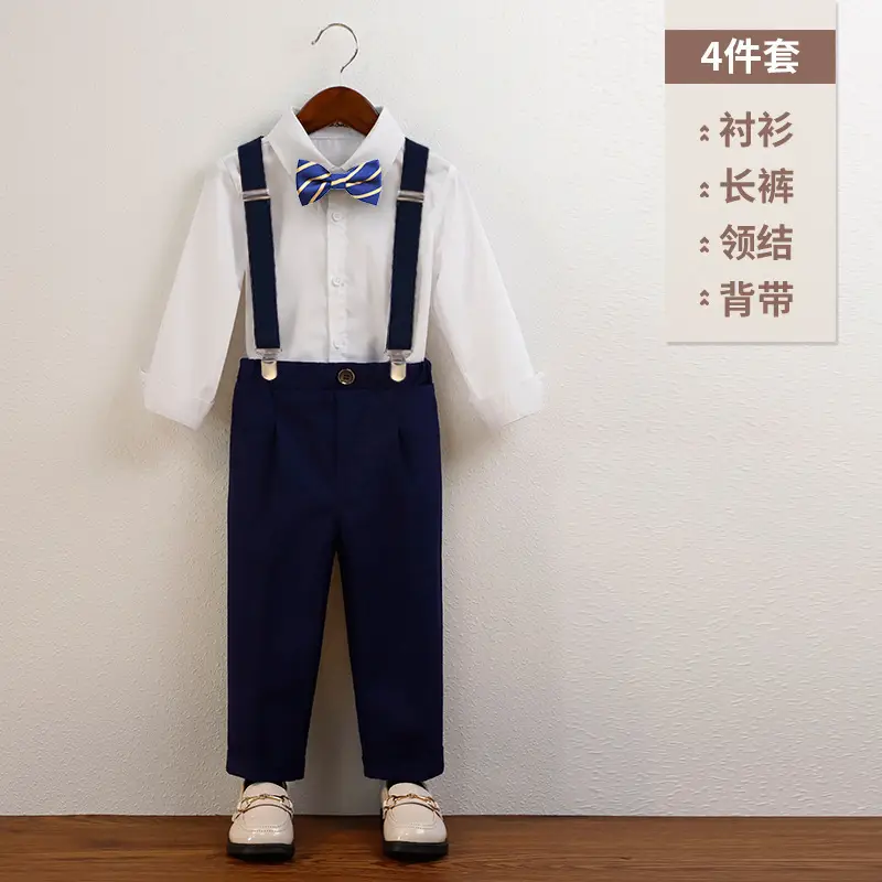 Boys' Navy Blue Suspender Pants Suit with Bow Tie - Image 8