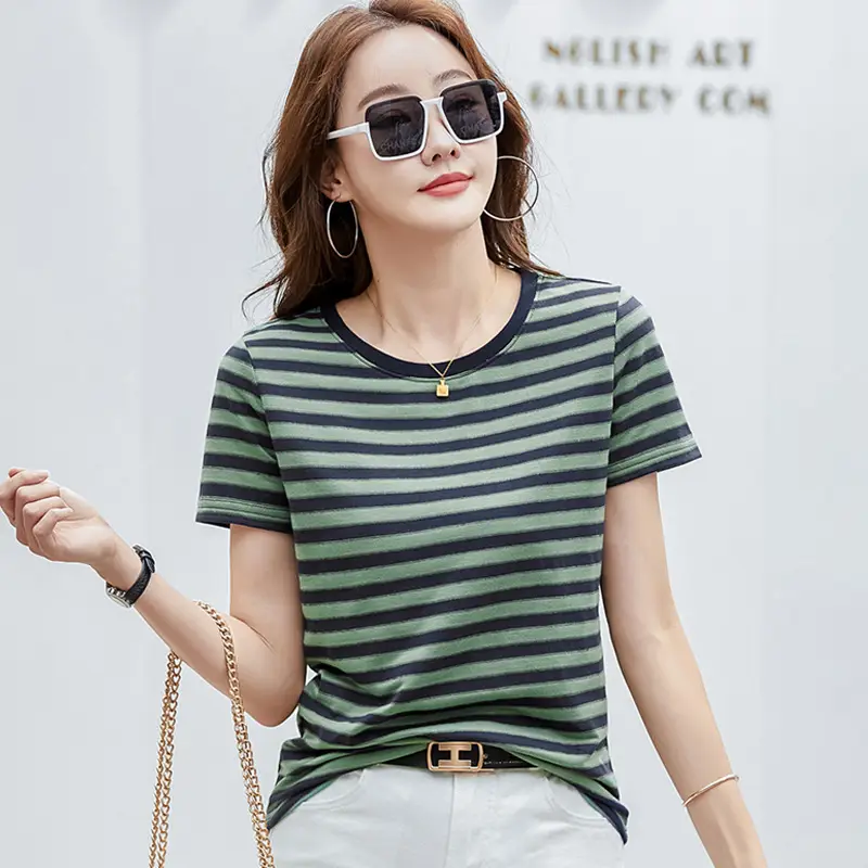Women Striped T-Shirt Summer Loose Fit Round Neck - Image 6