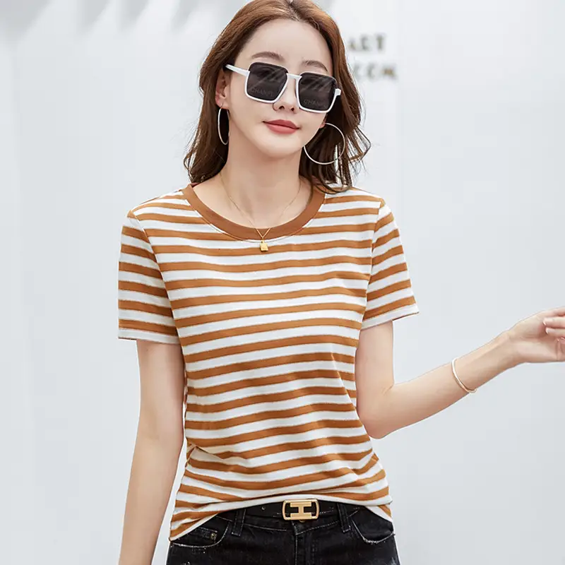 Women Striped T-Shirt Summer Loose Fit Round Neck - Image 7