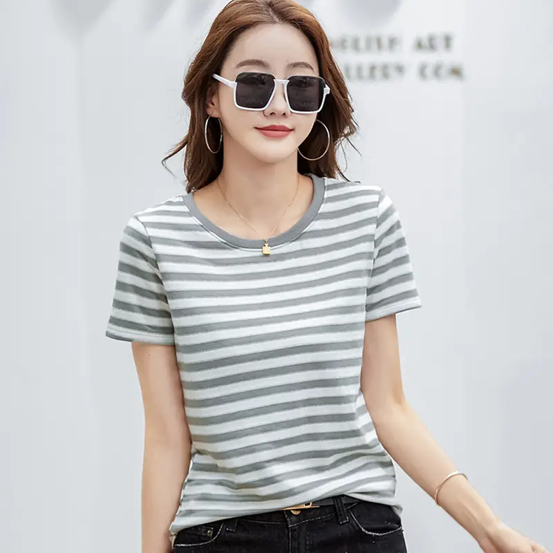 Women Striped T-Shirt Summer Loose Fit Round Neck - Image 9