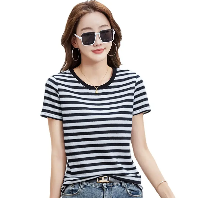 Women Striped T-Shirt Summer Loose Fit Round Neck - Image 10