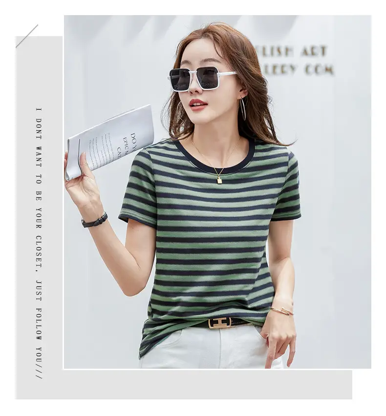 Women Striped T-Shirt Summer Loose Fit Round Neck — feature 10