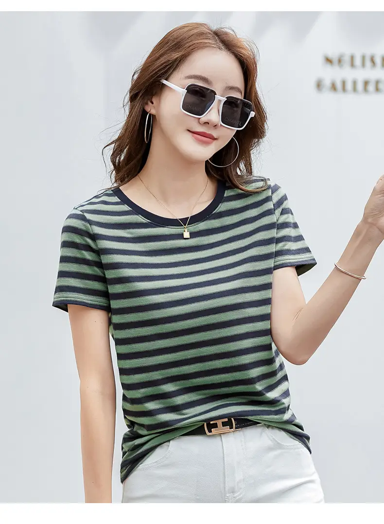 Women Striped T-Shirt Summer Loose Fit Round Neck — feature 11